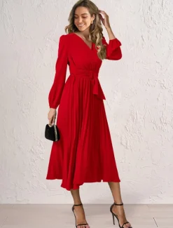 Women's Casual Dress Midi Dress Ruched With Belt Work Elegant V Neck Long Sleeve Black Red Blue Color Women Work Dresses
