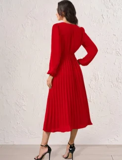 Women's Casual Dress Midi Dress Ruched With Belt Work Elegant V Neck Long Sleeve Black Red Blue Color Women Work Dresses