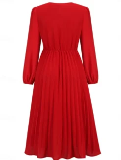 Women's Casual Dress Midi Dress Ruched With Belt Work Elegant V Neck Long Sleeve Black Red Blue Color Women Work Dresses