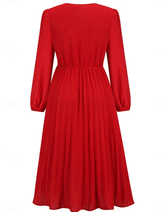 Women's Casual Dress Midi Dress Ruched With Belt Work Elegant V Neck Long Sleeve Black Red Blue Color Women Work Dresses