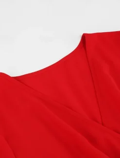 Women's Casual Dress Midi Dress Ruched With Belt Work Elegant V Neck Long Sleeve Black Red Blue Color Women Work Dresses