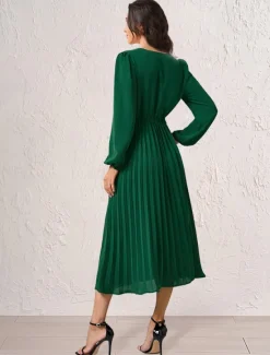 Women's Casual Dress Midi Dress Ruched With Belt Work Elegant V Neck Long Sleeve Black Red Blue Color Women Work Dresses