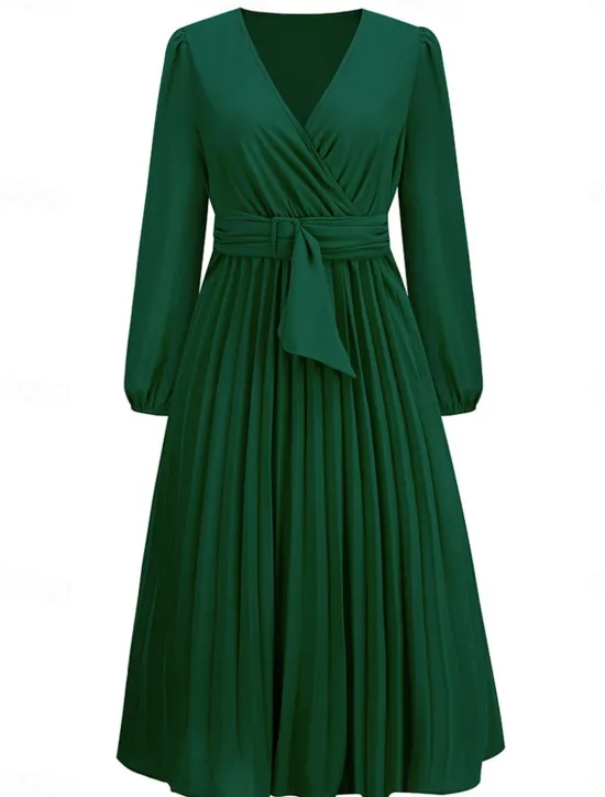 Women's Casual Dress Midi Dress Ruched With Belt Work Elegant V Neck Long Sleeve Black Red Blue Color Women Work Dresses