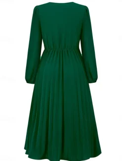 Women's Casual Dress Midi Dress Ruched With Belt Work Elegant V Neck Long Sleeve Black Red Blue Color Women Work Dresses
