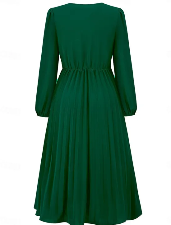 Women's Casual Dress Midi Dress Ruched With Belt Work Elegant V Neck Long Sleeve Black Red Blue Color Women Work Dresses