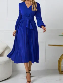 Women's Casual Dress Midi Dress Ruched With Belt Work Elegant V Neck Long Sleeve Black Red Blue Color Women Work Dresses