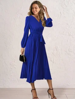 Women's Casual Dress Midi Dress Ruched With Belt Work Elegant V Neck Long Sleeve Black Red Blue Color Women Work Dresses