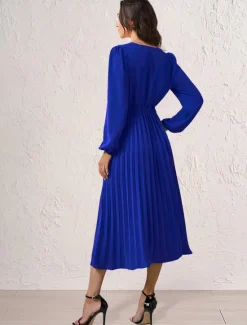 Women's Casual Dress Midi Dress Ruched With Belt Work Elegant V Neck Long Sleeve Black Red Blue Color Women Work Dresses