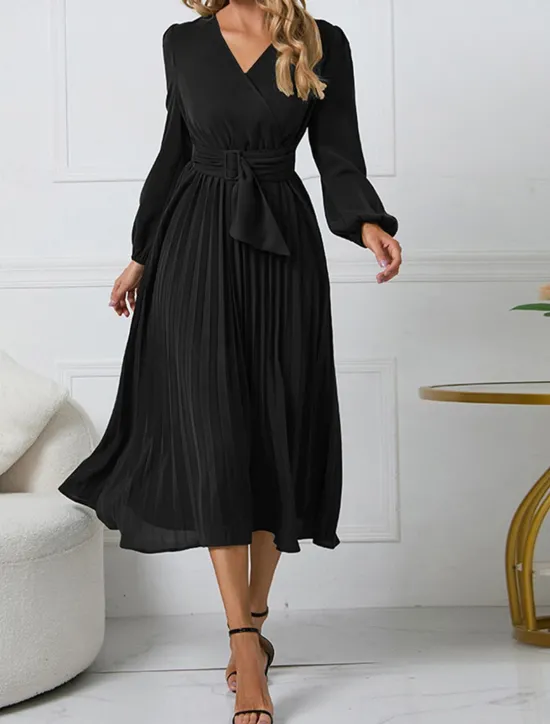 Women's Casual Dress Midi Dress Ruched With Belt Work Elegant V Neck Long Sleeve Black Red Blue Color Women Work Dresses