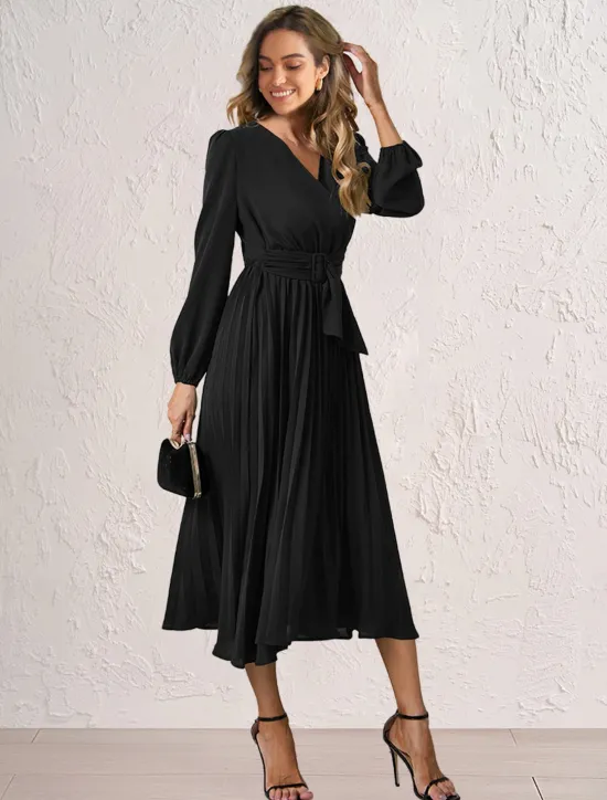 Women's Casual Dress Midi Dress Ruched With Belt Work Elegant V Neck Long Sleeve Black Red Blue Color Women Work Dresses