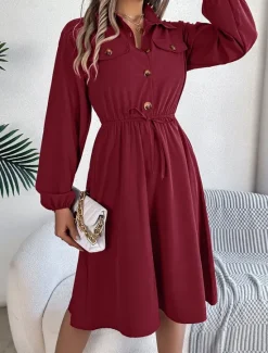 New Women's Casual Dress Midi Dress Buttons Casual Shirt Collar Long Sleeve Wine Blue Khaki Color Women Work Dresses