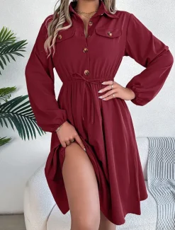 New Women's Casual Dress Midi Dress Buttons Casual Shirt Collar Long Sleeve Wine Blue Khaki Color Women Work Dresses