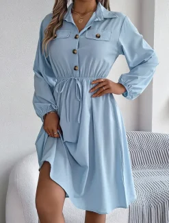 New Women's Casual Dress Midi Dress Buttons Casual Shirt Collar Long Sleeve Wine Blue Khaki Color Women Work Dresses