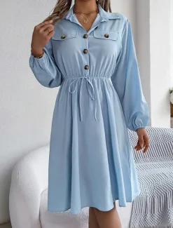 New Women's Casual Dress Midi Dress Buttons Casual Shirt Collar Long Sleeve Wine Blue Khaki Color Women Work Dresses