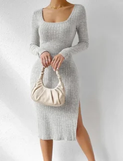 Best Women's Casual Dress Midi Dress Split Date Vacation Streetwear Casual Square Neck Long Sleeve Black Light Grey Color Women T Shirt Dresses