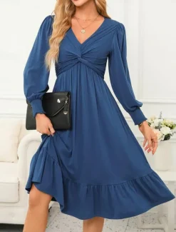 New Women's Casual Dress Midi Dress Ruffle Pocket Casual V Neck Long Sleeve Black Blue Fuchsia Color Women Cocktail Dress
