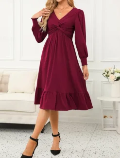 New Women's Casual Dress Midi Dress Ruffle Pocket Casual V Neck Long Sleeve Black Blue Fuchsia Color Women Cocktail Dress