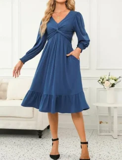 New Women's Casual Dress Midi Dress Ruffle Pocket Casual V Neck Long Sleeve Black Blue Fuchsia Color Women Cocktail Dress