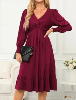 New Women's Casual Dress Midi Dress Ruffle Pocket Casual V Neck Long Sleeve Black Blue Fuchsia Color Women Cocktail Dress