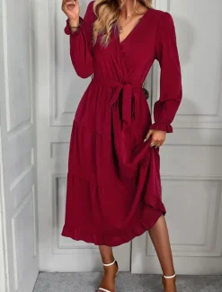 Women's Casual Dress Midi Dress Lace up Ruffle Casual V Neck Long Sleeve Black Pink Red Color Women Work Dresses
