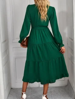Women's Casual Dress Midi Dress Lace up Ruffle Casual V Neck Long Sleeve Black Pink Red Color Women Work Dresses