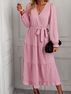 Women's Casual Dress Midi Dress Lace up Ruffle Casual V Neck Long Sleeve Black Pink Red Color Women Work Dresses