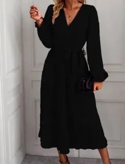 Women's Casual Dress Midi Dress Lace up Ruffle Casual V Neck Long Sleeve Black Pink Red Color Women Work Dresses