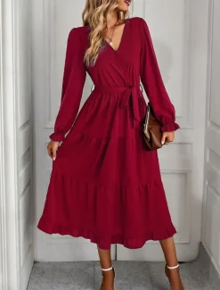 Women's Casual Dress Midi Dress Lace up Ruffle Casual V Neck Long Sleeve Black Pink Red Color Women Work Dresses