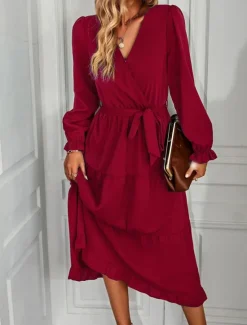 Women's Casual Dress Midi Dress Lace up Ruffle Casual V Neck Long Sleeve Black Pink Red Color Women Work Dresses