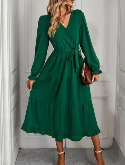 Women's Casual Dress Midi Dress Lace up Ruffle Casual V Neck Long Sleeve Black Pink Red Color Women Work Dresses