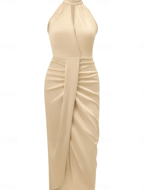 Hot Women's Casual Dress Midi Dress Ruched Wedding Party Elegant Streetwear Halter Neck Sleeveless Champagne Wine Green Color Women Cocktail Dress