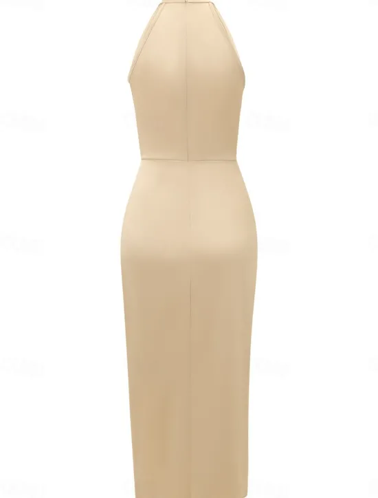 Hot Women's Casual Dress Midi Dress Ruched Wedding Party Elegant Streetwear Halter Neck Sleeveless Champagne Wine Green Color Women Cocktail Dress