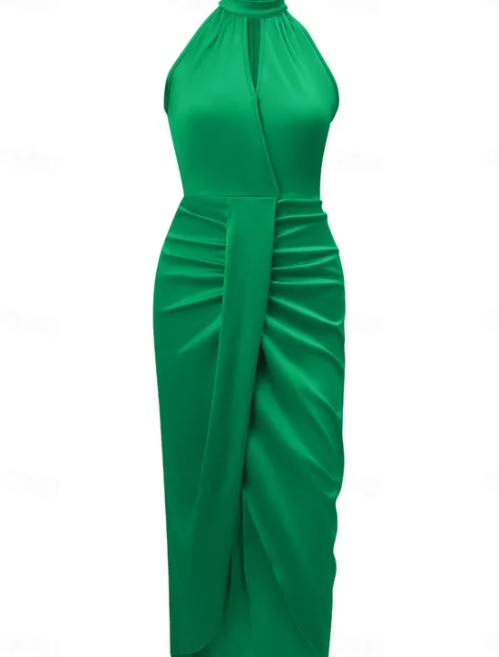 Hot Women's Casual Dress Midi Dress Ruched Wedding Party Elegant Streetwear Halter Neck Sleeveless Champagne Wine Green Color Women Cocktail Dress