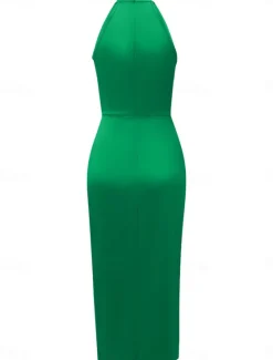 Hot Women's Casual Dress Midi Dress Ruched Wedding Party Elegant Streetwear Halter Neck Sleeveless Champagne Wine Green Color Women Cocktail Dress