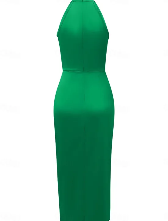 Hot Women's Casual Dress Midi Dress Ruched Wedding Party Elegant Streetwear Halter Neck Sleeveless Champagne Wine Green Color Women Cocktail Dress