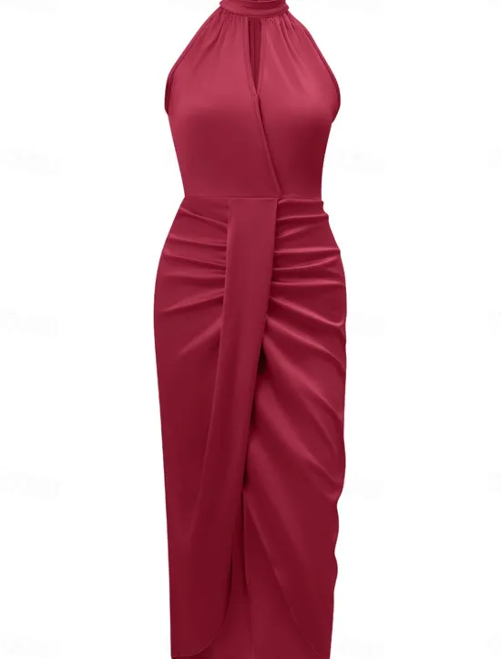 Hot Women's Casual Dress Midi Dress Ruched Wedding Party Elegant Streetwear Halter Neck Sleeveless Champagne Wine Green Color Women Cocktail Dress