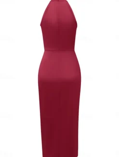 Hot Women's Casual Dress Midi Dress Ruched Wedding Party Elegant Streetwear Halter Neck Sleeveless Champagne Wine Green Color Women Cocktail Dress
