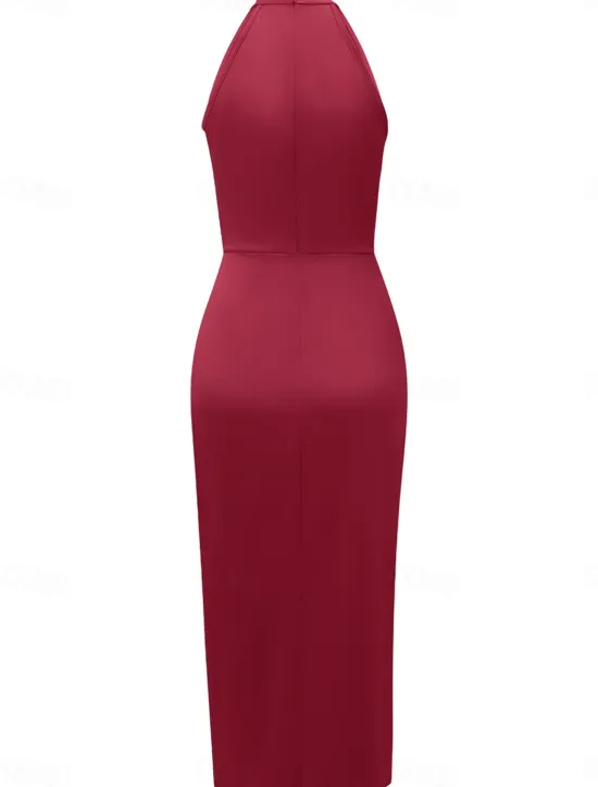 Hot Women's Casual Dress Midi Dress Ruched Wedding Party Elegant Streetwear Halter Neck Sleeveless Champagne Wine Green Color Women Cocktail Dress
