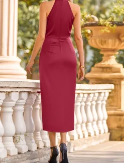 Hot Women's Casual Dress Midi Dress Ruched Wedding Party Elegant Streetwear Halter Neck Sleeveless Champagne Wine Green Color Women Cocktail Dress