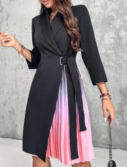 Women's Casual Dress Mini Dress Patchwork Elegant Casual Lapel Long Sleeve Color Women Work Dresses