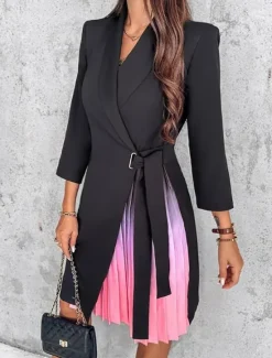 Women's Casual Dress Mini Dress Patchwork Elegant Casual Lapel Long Sleeve Color Women Work Dresses