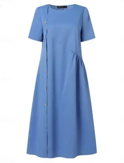 Outlet Women's Casual Dress Mini Dress Buttons Pocket Casual Crew Neck Long Sleeve Wine Blue Green Color Women Casual Dress