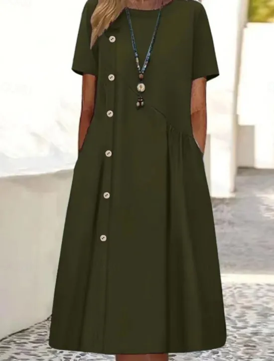 Outlet Women's Casual Dress Mini Dress Buttons Pocket Casual Crew Neck Long Sleeve Wine Blue Green Color Women Casual Dress