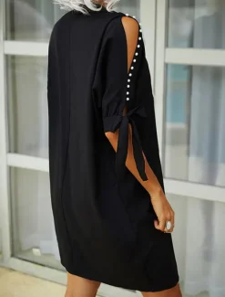 Discount Women's Casual Dress Mini Dress Patchwork Cold Shoulder Vacation Streetwear Basic V Neck Half Sleeve Black Wine Navy Blue Color Women Casual Dress