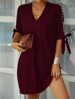 Discount Women's Casual Dress Mini Dress Patchwork Cold Shoulder Vacation Streetwear Basic V Neck Half Sleeve Black Wine Navy Blue Color Women Casual Dress