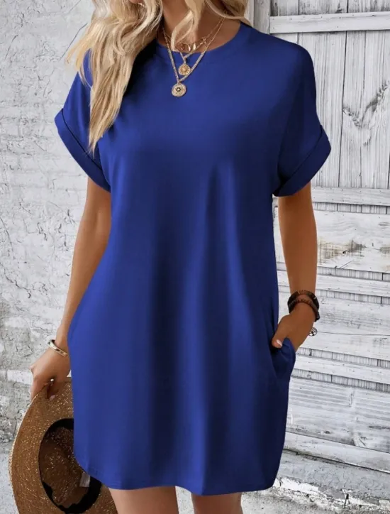 Discount Women's Casual Dress Mini Dress Pocket Casual Crew Neck Short Sleeve White Blue Khaki Color Women Work Dresses