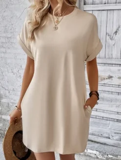 Discount Women's Casual Dress Mini Dress Pocket Casual Crew Neck Short Sleeve White Blue Khaki Color Women Work Dresses