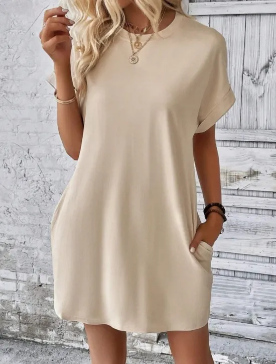 Discount Women's Casual Dress Mini Dress Pocket Casual Crew Neck Short Sleeve White Blue Khaki Color Women Work Dresses
