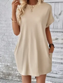Discount Women's Casual Dress Mini Dress Pocket Casual Crew Neck Short Sleeve White Blue Khaki Color Women Work Dresses