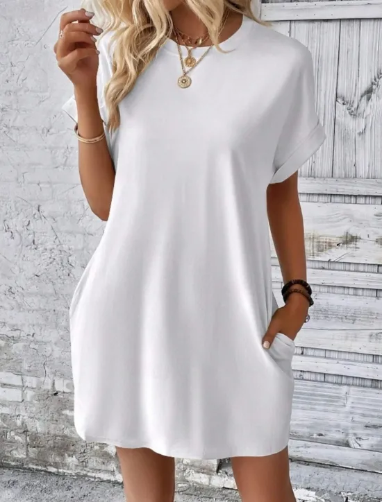 Discount Women's Casual Dress Mini Dress Pocket Casual Crew Neck Short Sleeve White Blue Khaki Color Women Work Dresses